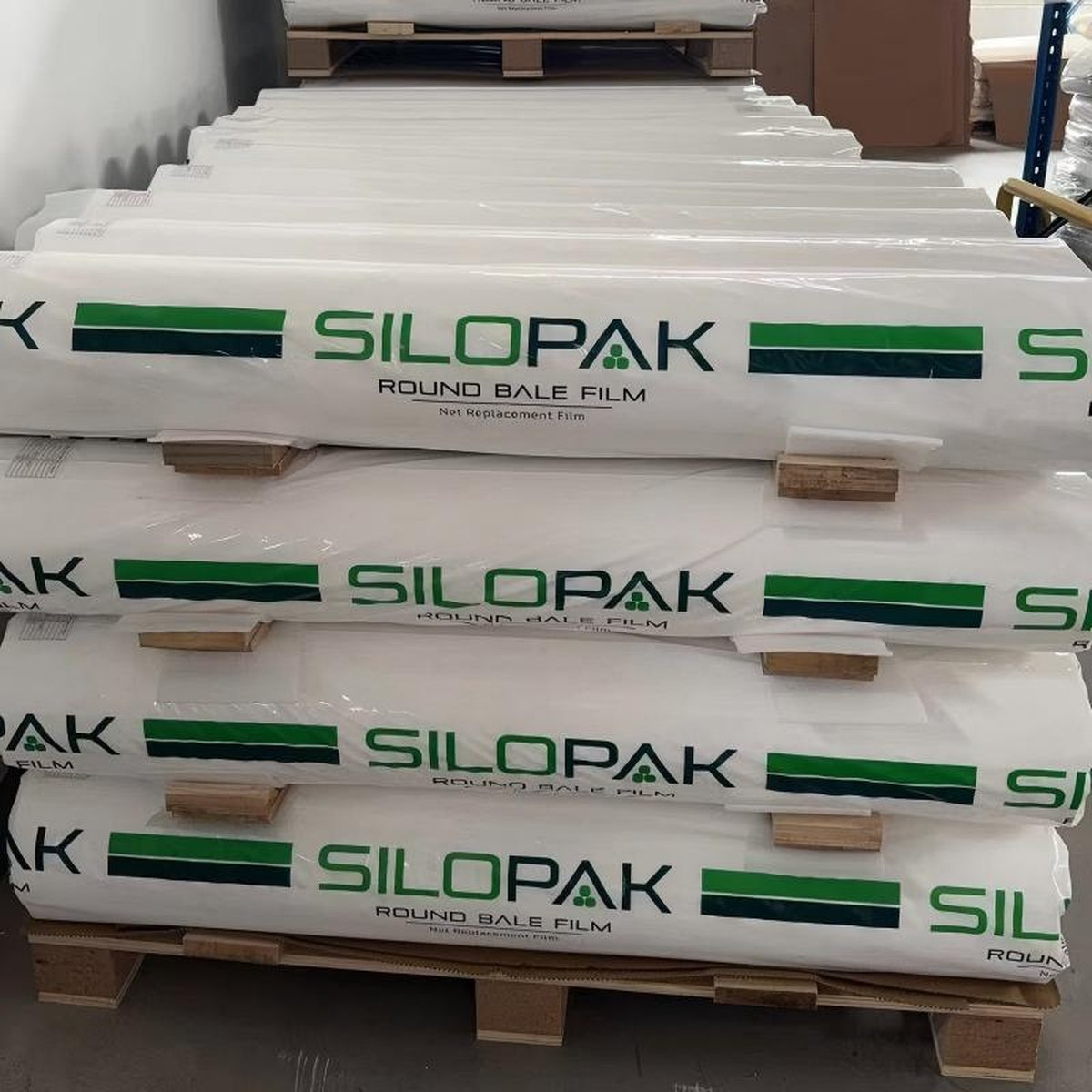 Close up of Silopak round bale film rolls, a net replacement silage film made in China