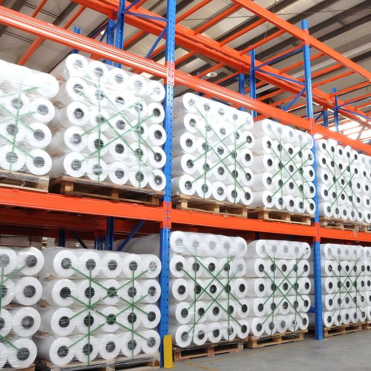 Silopak silage stretch film rolls stored on pallet racking inside the China warehouse