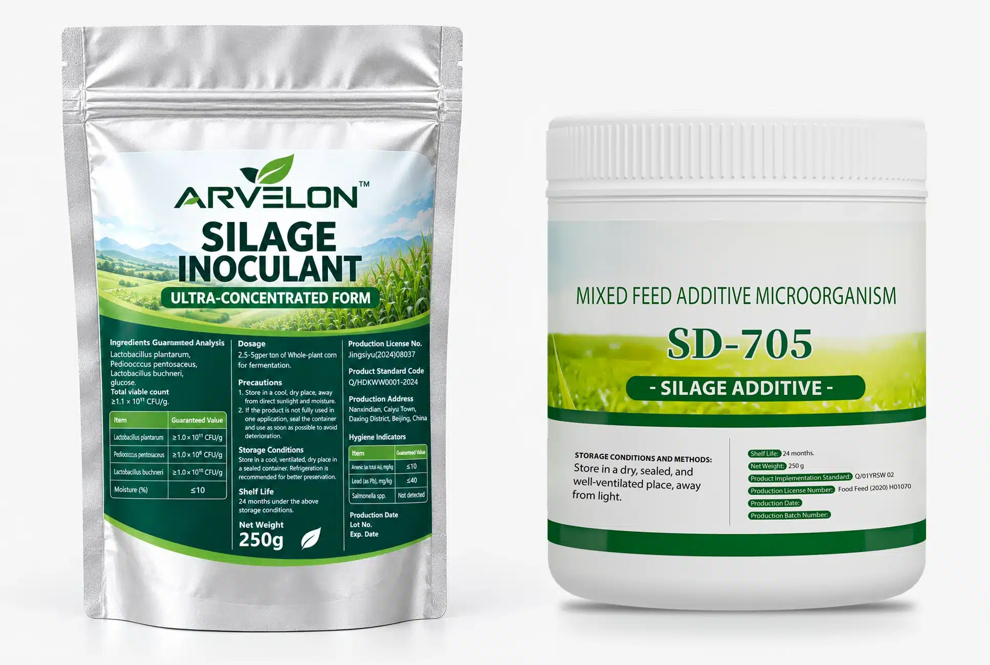 SD-705 silage inoculant 250 g in two packaging options, Arvelon aluminum foil stand-up pouch and white rigid tub